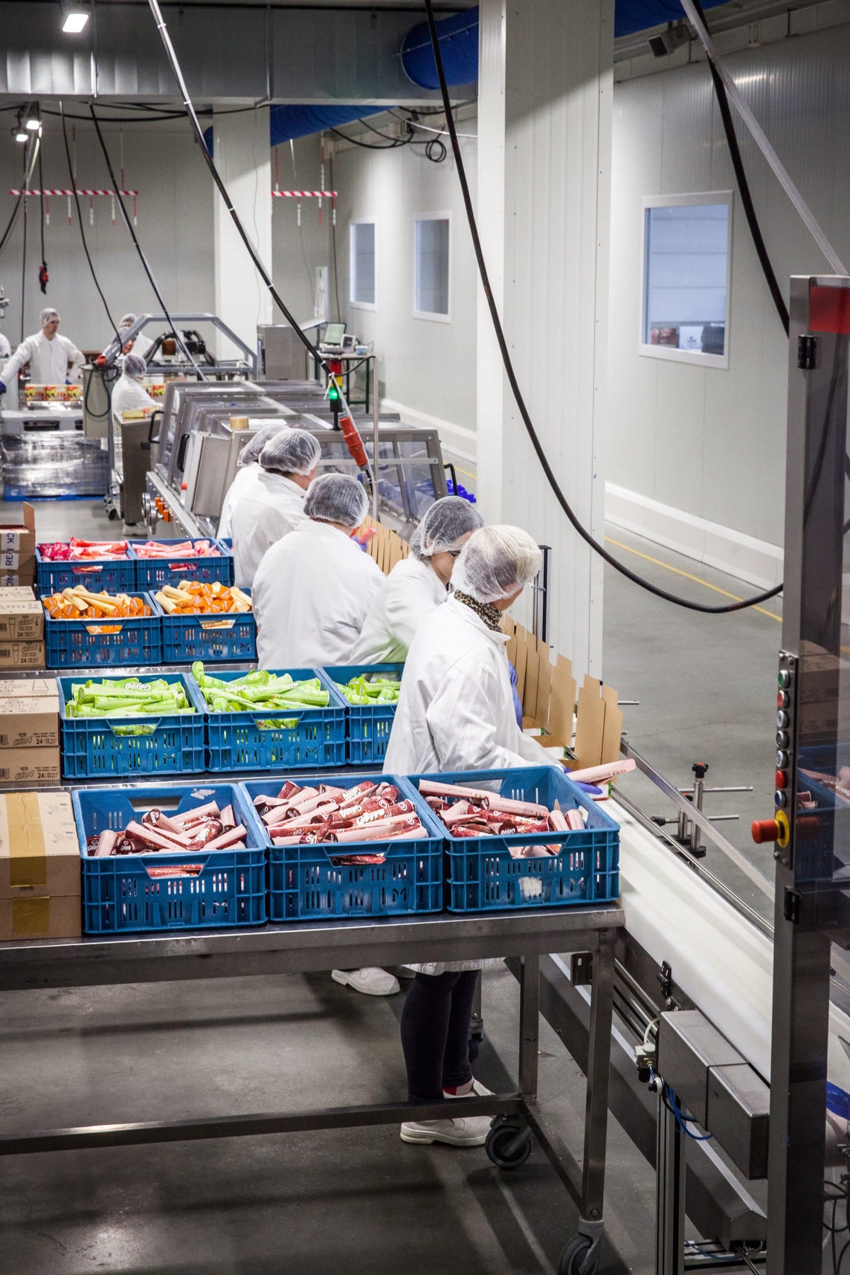 Our conveyors belts for food industry in action at Calippo. Several people are working next to it.