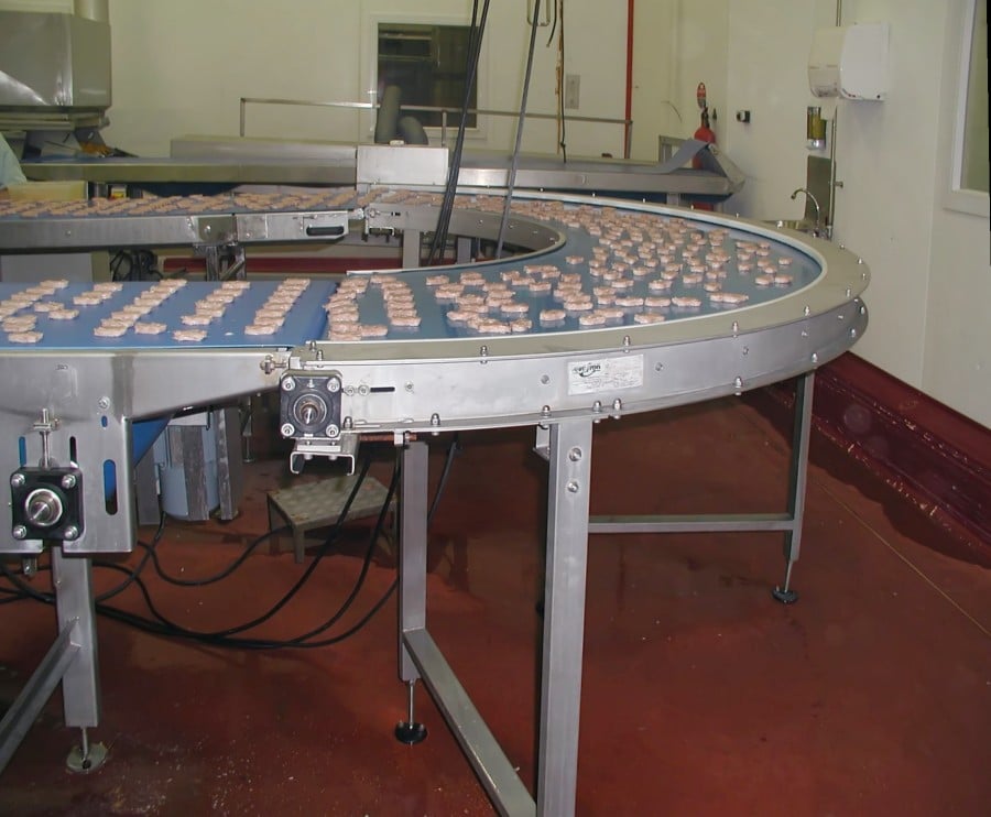 An example of conveyor belts for food industry. This curved conveyor can transport food products in a proper, hygienic way.