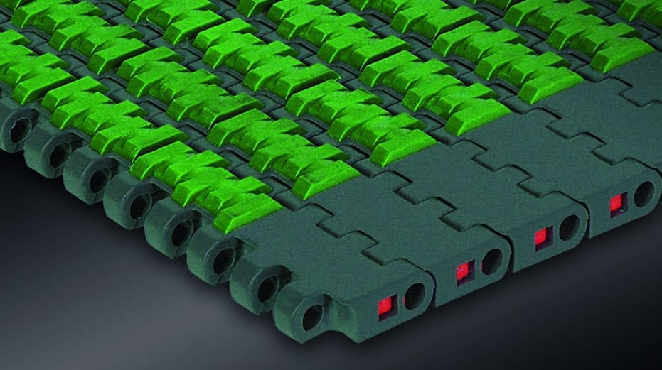 Showing the details of our EMCS chain conveyors. You can see the seperate chains in the closed mat top system.